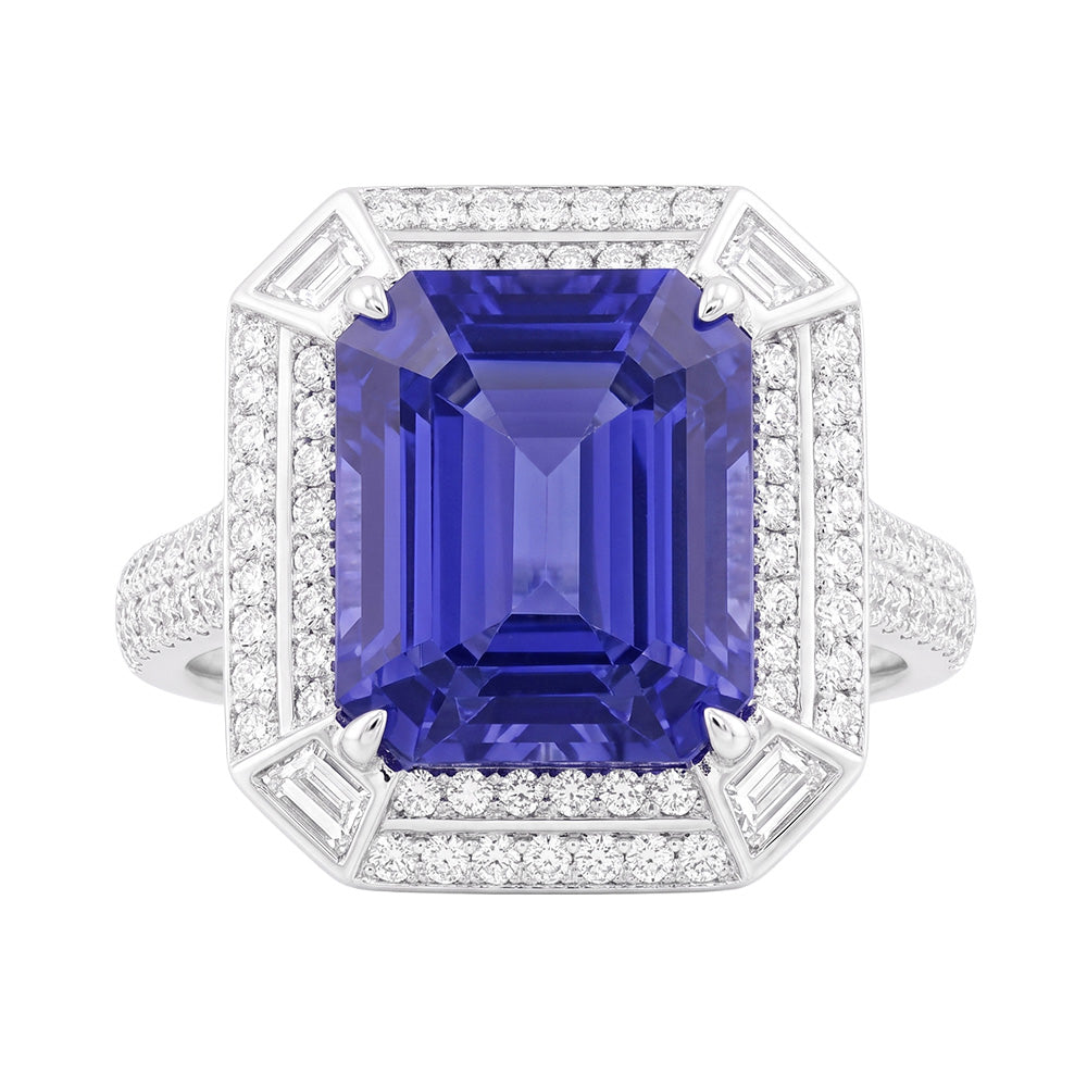 Emerald Shaped Natural Earth Mined Diamond Blue Sapphire Ring 4.50 Carats Pave Set Accents