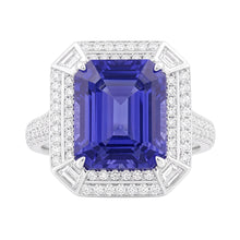 Emerald Shaped Natural Earth Mined Diamond Blue Sapphire Ring 4.50 Carats Pave Set Accents