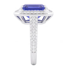 Emerald Shaped Natural Earth Mined Diamond Blue Sapphire Ring 4.50 Carats Pave Set Accents