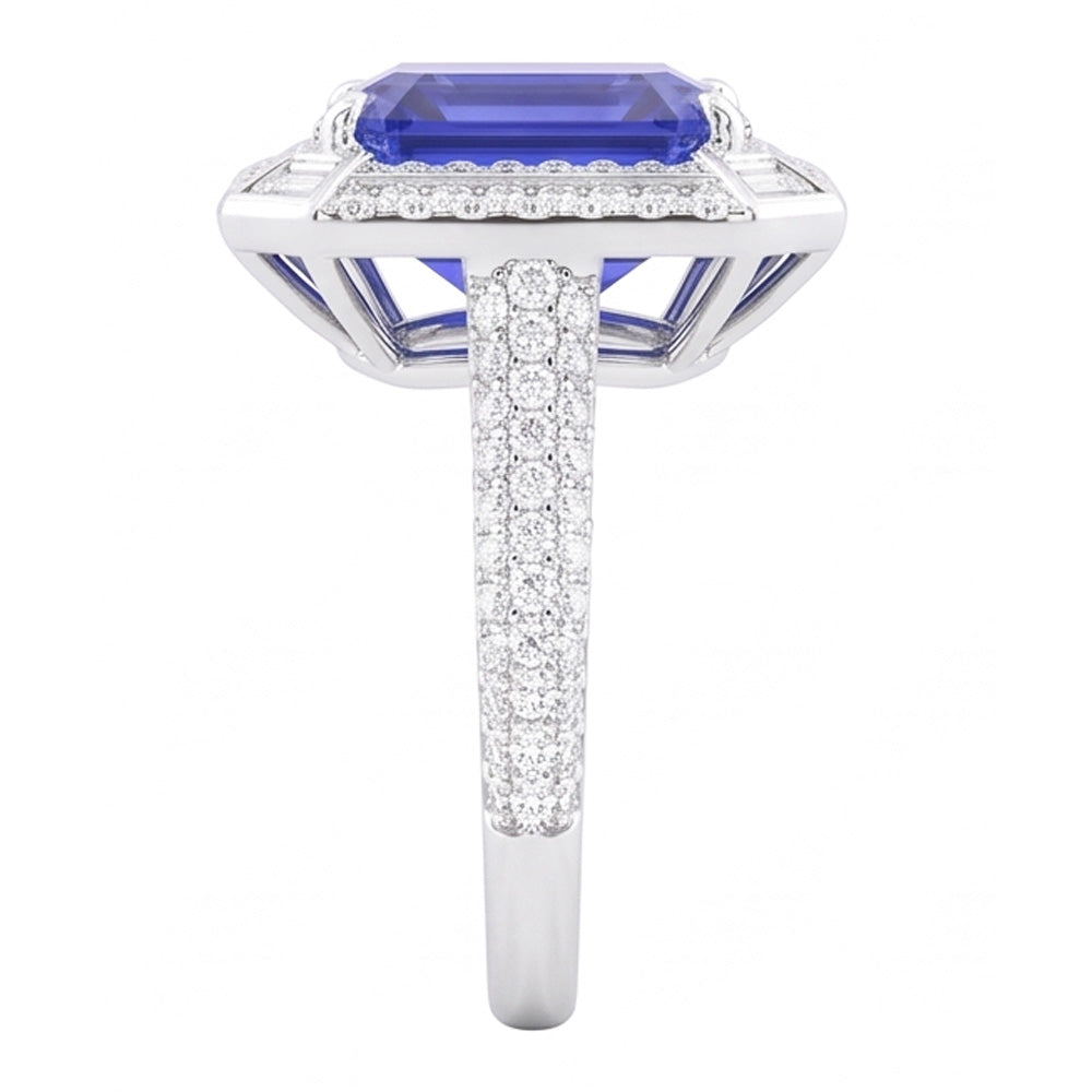 Emerald Shaped Natural Earth Mined Diamond Blue Sapphire Ring 4.50 Carats Pave Set Accents