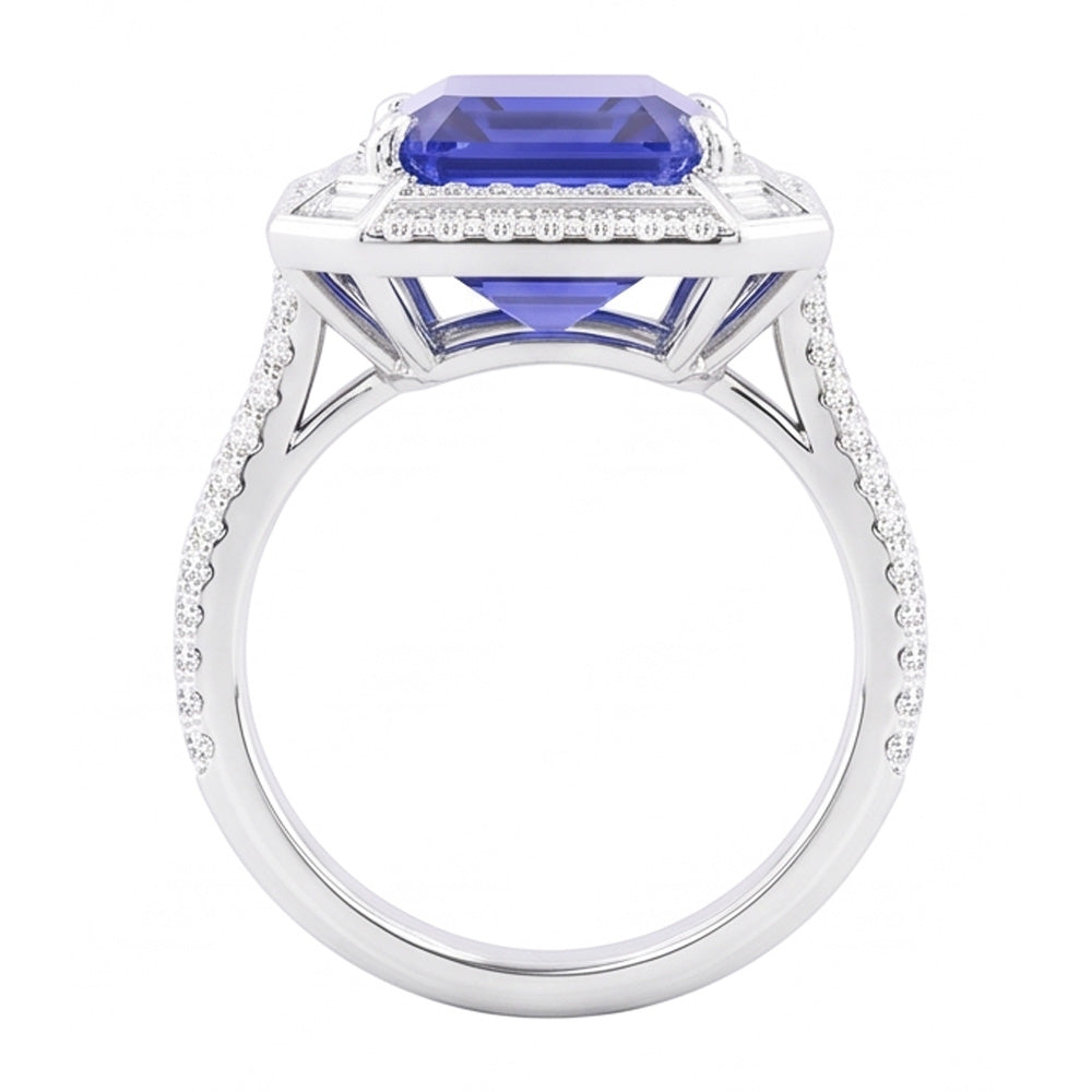 Emerald Shaped Natural Earth Mined Diamond Blue Sapphire Ring 4.50 Carats Pave Set Accents
