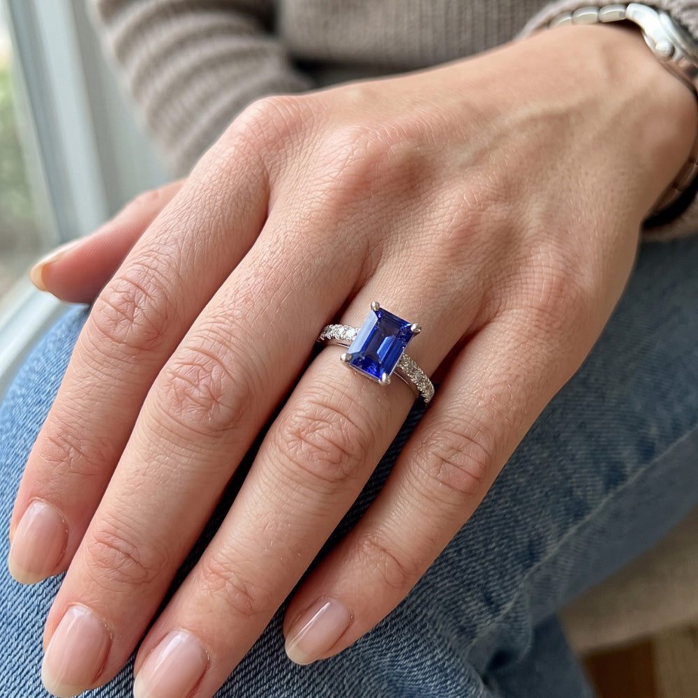 Emerald Solitaire With Natural Earth Mined Diamond Accents Ring Blue Sapphire 3.50 Carats