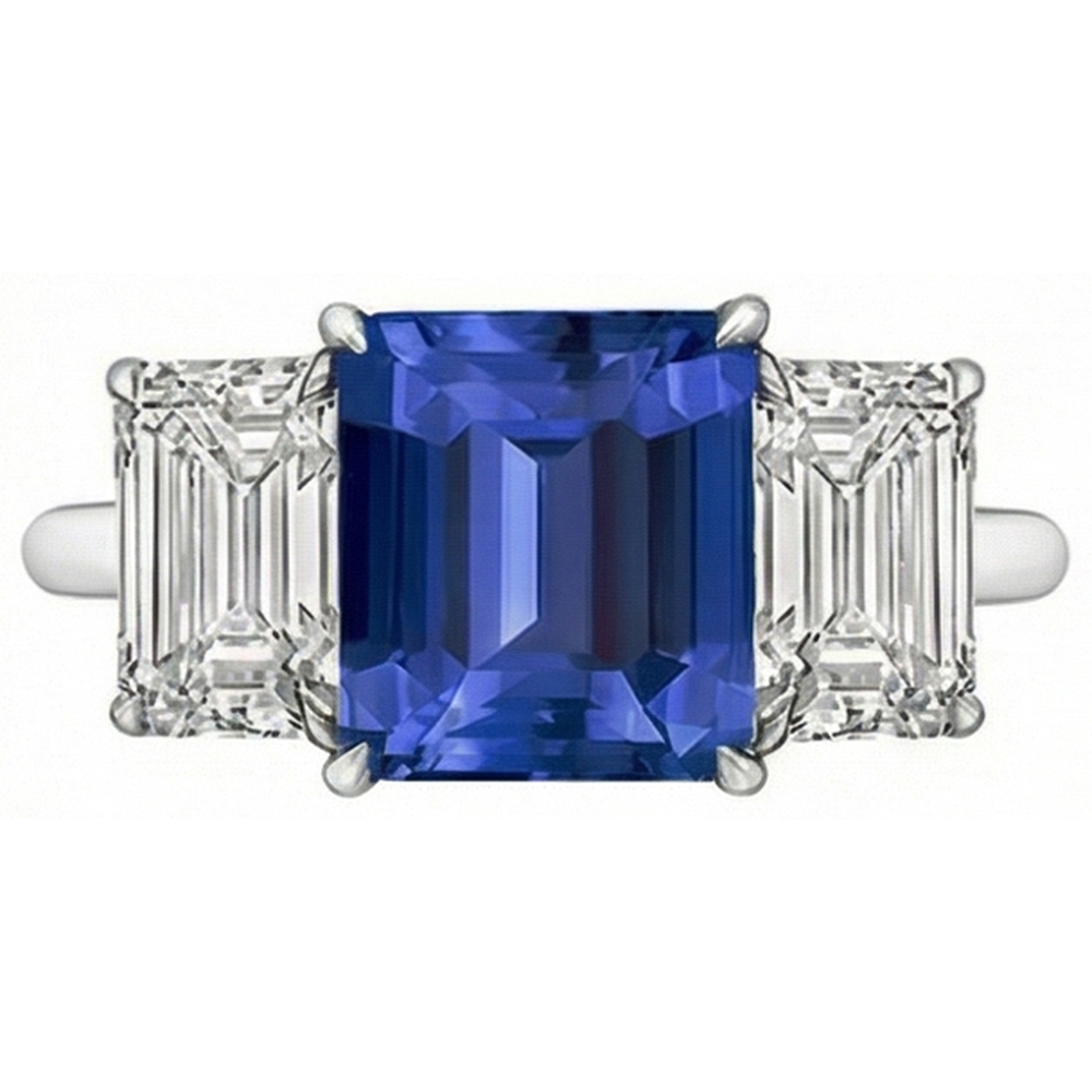 Emerald Three Stone Blue Sapphire Ring 3 Carats Gold Jewellery