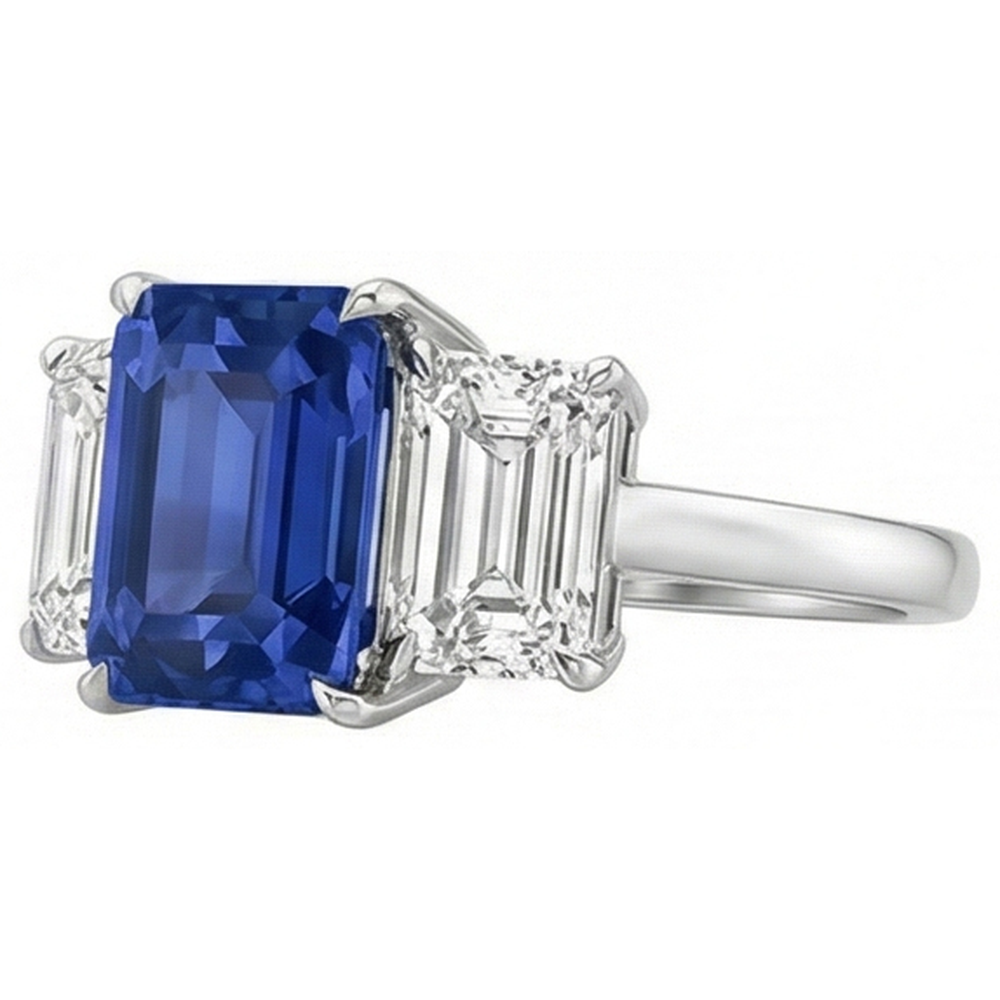 Emerald Three Stone Blue Sapphire Ring 3 Carats Gold Jewellery