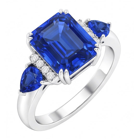 Emerald Three Stone Blue Sapphire Ring & Natural Earth Mined Diamonds 3 Carats