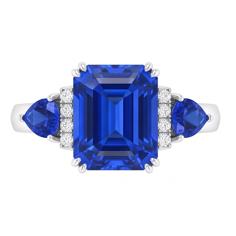 Emerald Three Stone Blue Sapphire Ring & Natural Earth Mined Diamonds 3 Carats