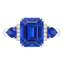Emerald Three Stone Blue Sapphire Ring & Natural Earth Mined Diamonds 3 Carats