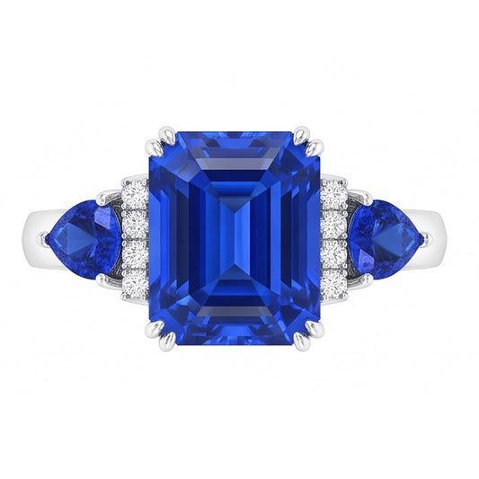 Emerald Three Stone Blue Sapphire Ring & Natural Earth Mined Diamonds 3 Carats