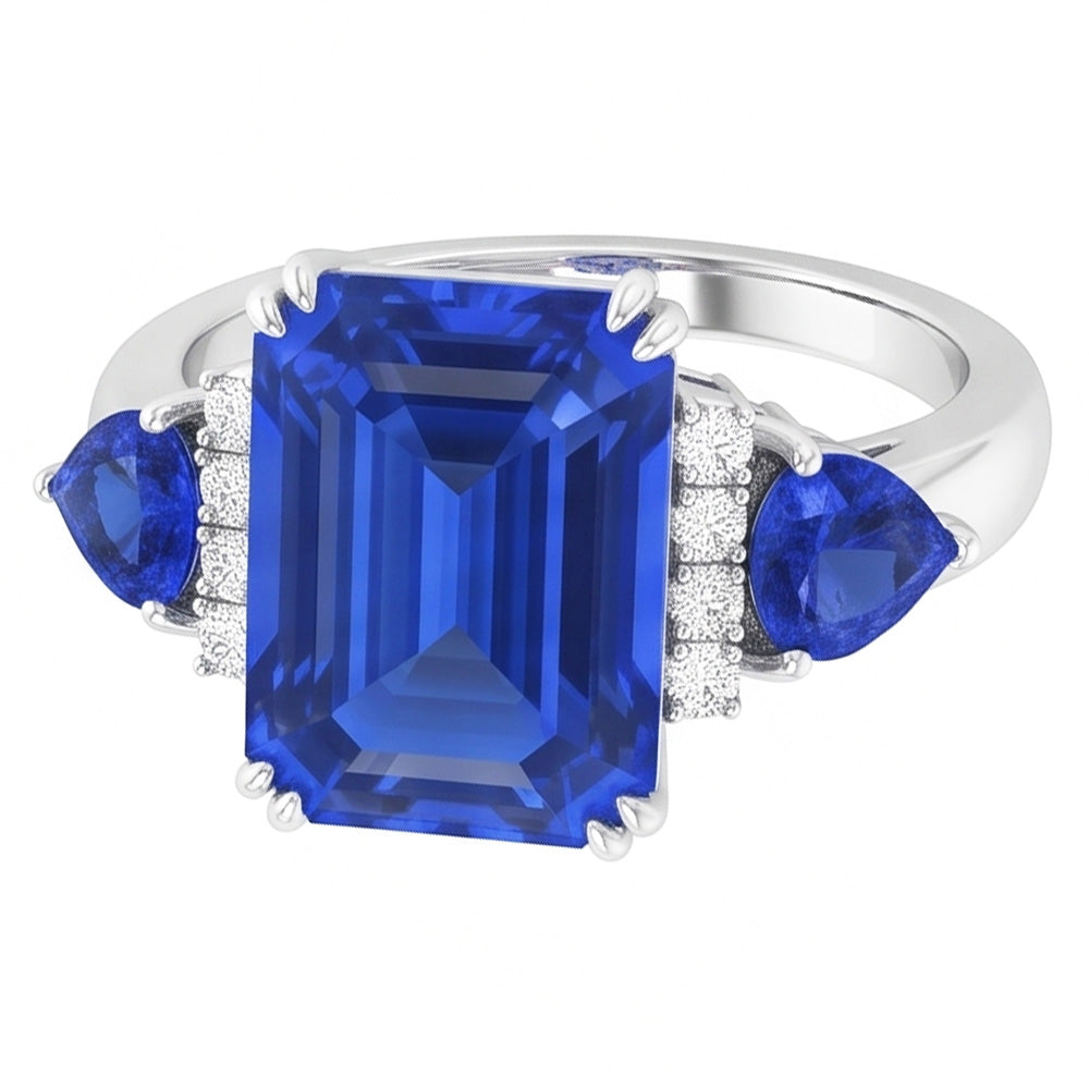 Emerald Three Stone Blue Sapphire Ring & Natural Earth Mined Diamonds 3 Carats