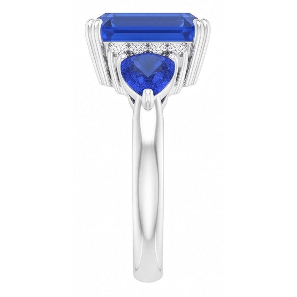 Emerald Three Stone Blue Sapphire Ring & Natural Earth Mined Diamonds 3 Carats