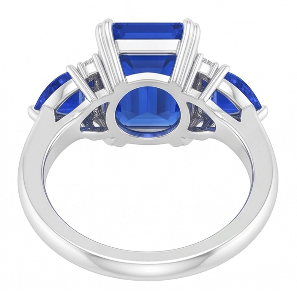 Emerald Three Stone Blue Sapphire Ring & Natural Earth Mined Diamonds 3 Carats
