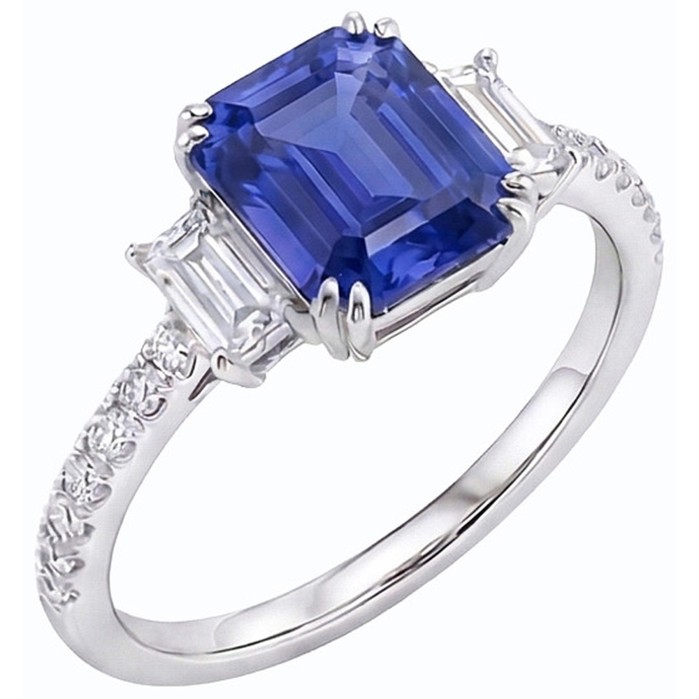 Emerald Three Stone Blue Sapphire Ring & Pave Set Natural Earth Mined Diamonds 3 Carats