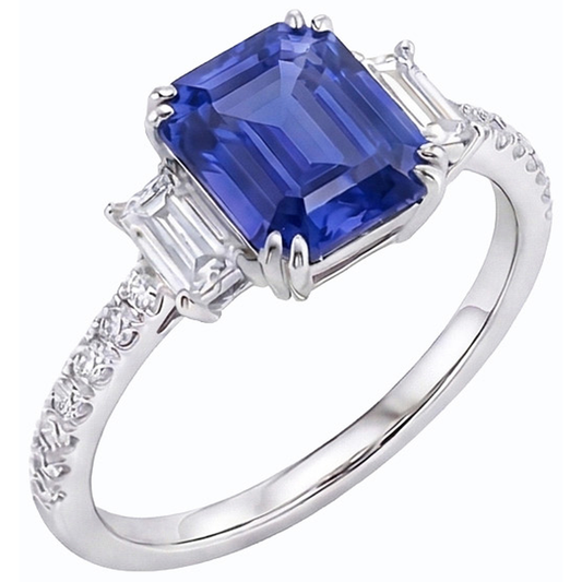 Emerald Three Stone Blue Sapphire Ring & Pave Set Natural Earth Mined Diamonds 3 Carats