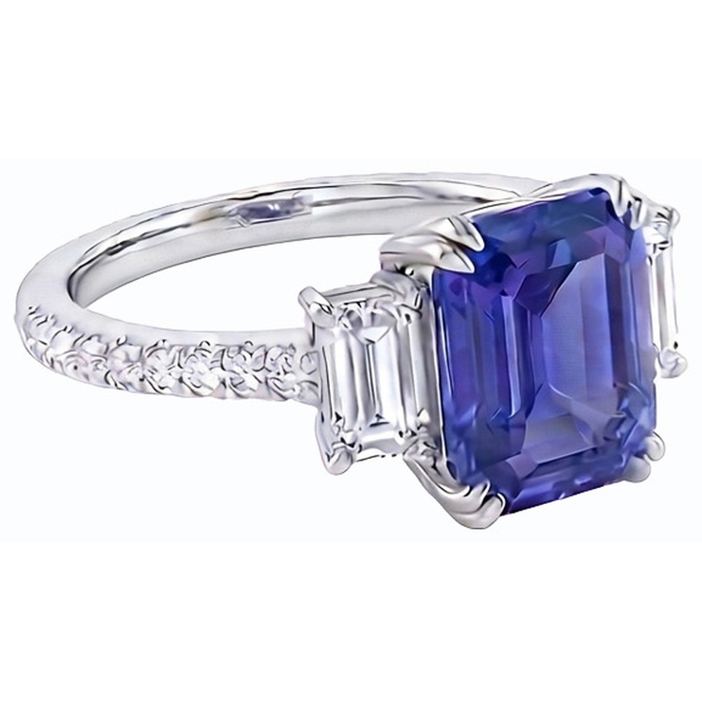 Emerald Three Stone Blue Sapphire Ring & Pave Set Natural Earth Mined Diamonds 3 Carats
