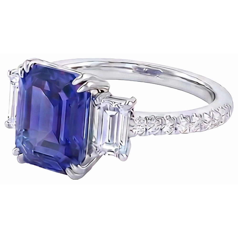 Emerald Three Stone Blue Sapphire Ring & Pave Set Natural Earth Mined Diamonds 3 Carats