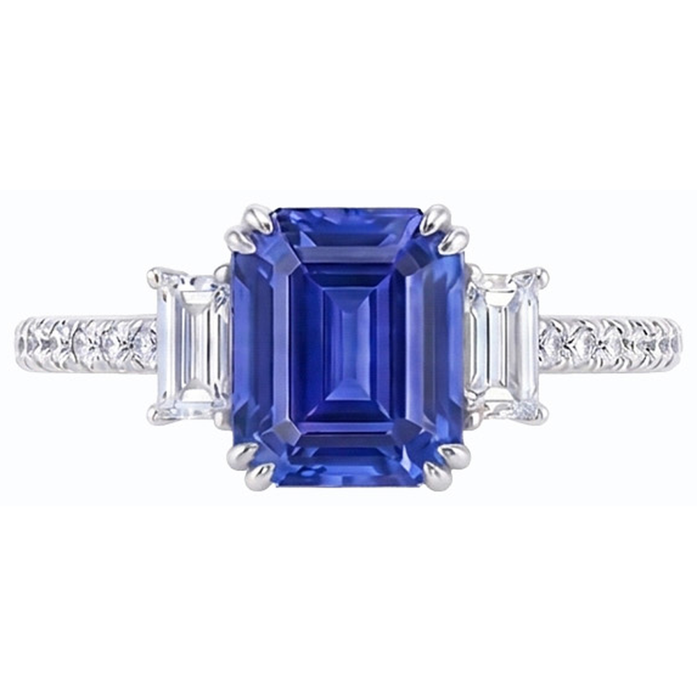 Emerald Three Stone Blue Sapphire Ring & Pave Set Natural Earth Mined Diamonds 3 Carats