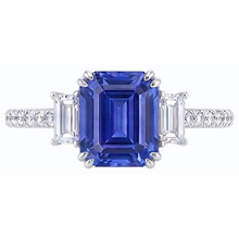 Emerald Three Stone Blue Sapphire Ring & Pave Set Natural Earth Mined Diamonds 3 Carats