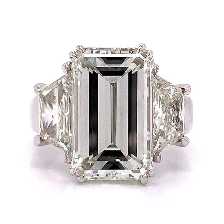 Emerald Trapezoid Big Natural Diamond Three Stone Ring 9 Carats