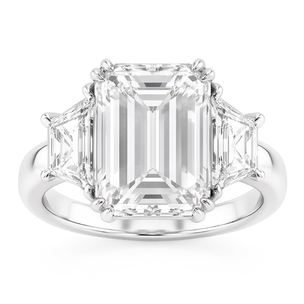 Emerald Trapezoid Big Natural Earth Mined Diamond Three Stone Ring 9 Carats