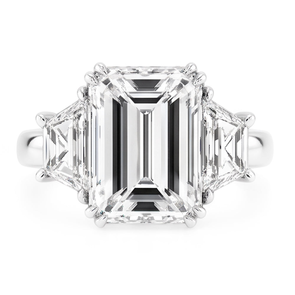 Emerald Trapezoid Big Natural Earth Mined Diamond Three Stone Ring 9 Carats