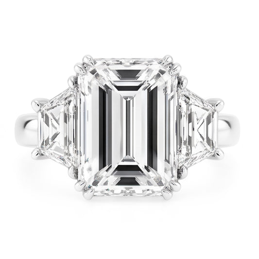 Emerald Trapezoid Big Natural Earth Mined Diamond Three Stone Ring 9 Carats