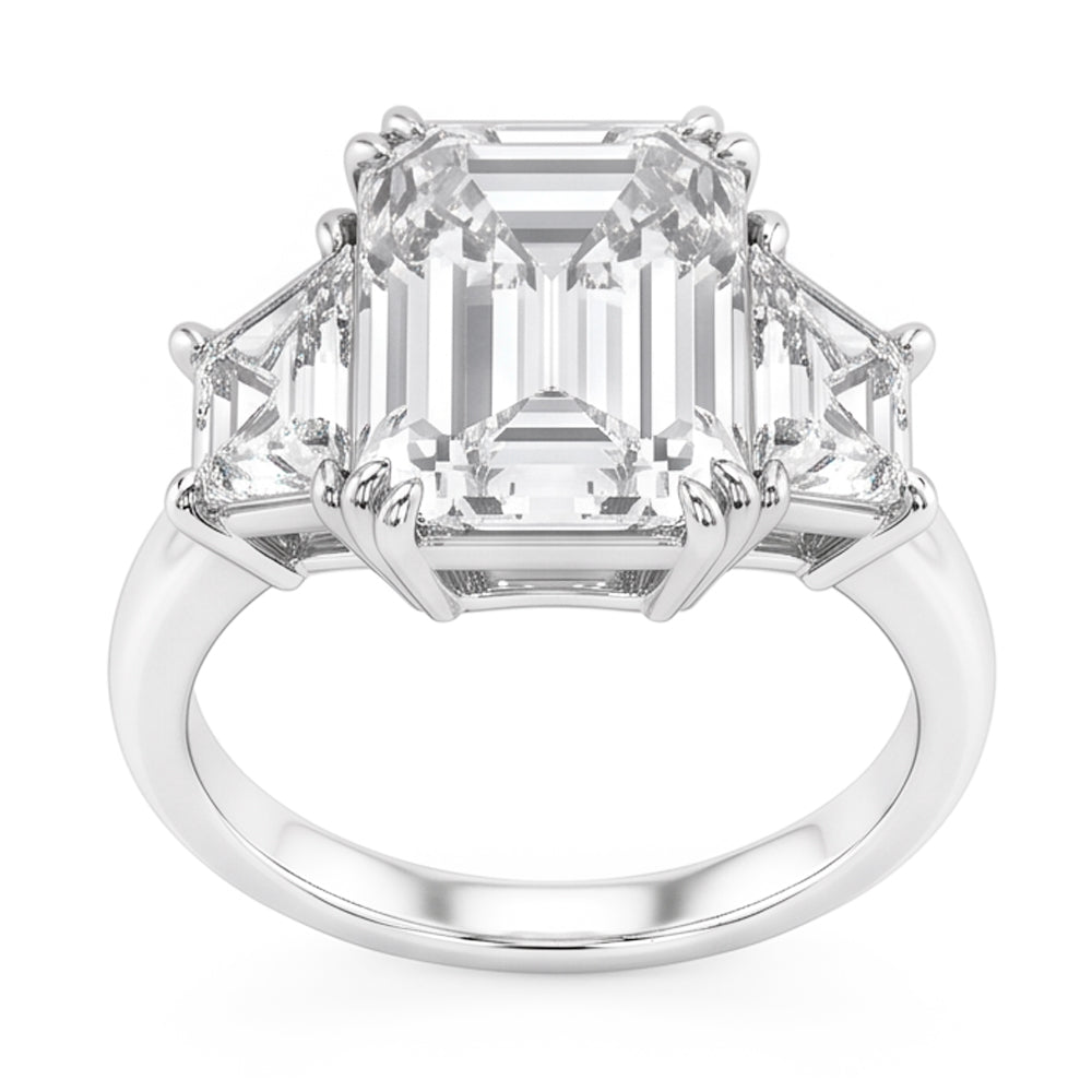 Emerald Trapezoid Big Natural Earth Mined Diamond Three Stone Ring 9 Carats
