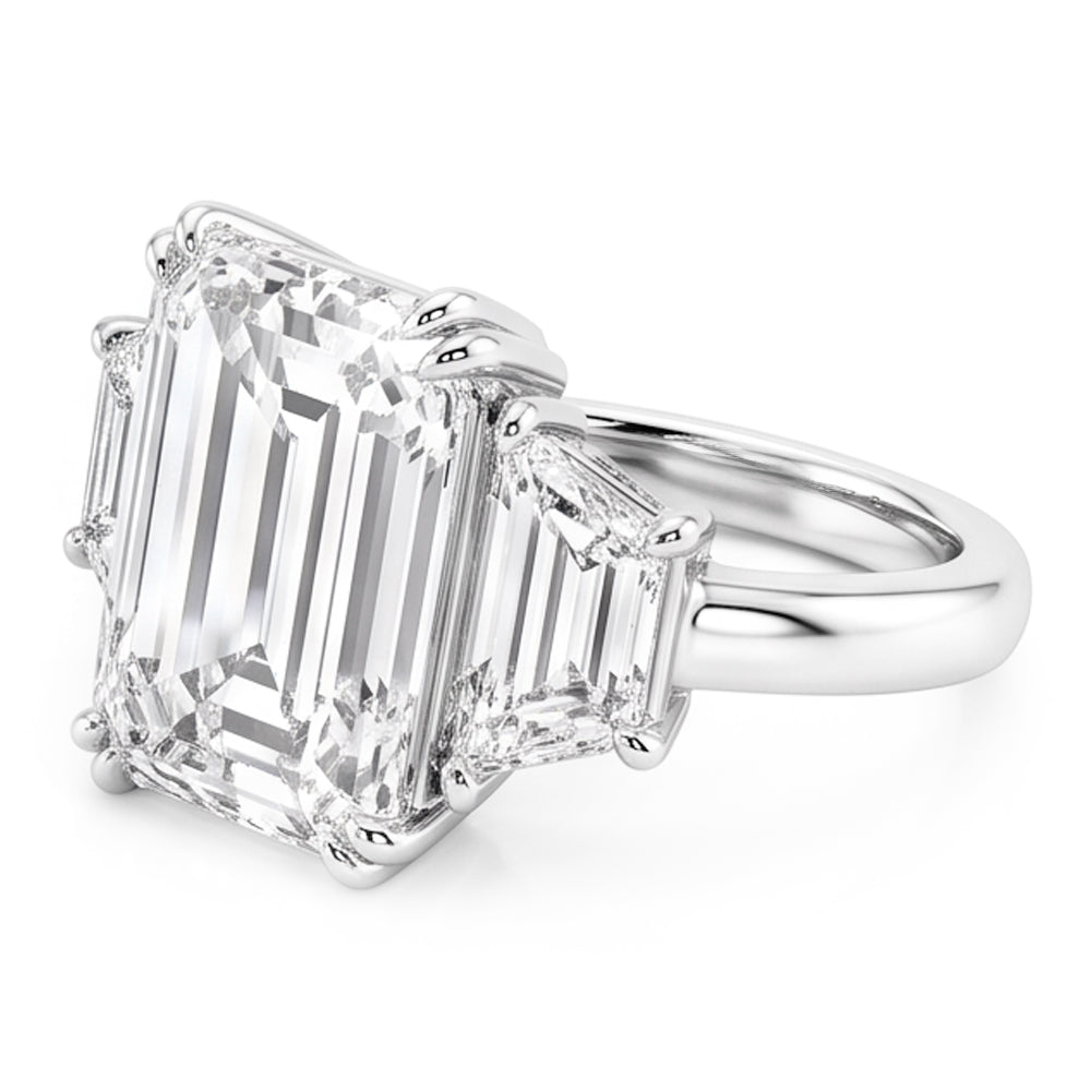 Emerald Trapezoid Big Natural Earth Mined Diamond Three Stone Ring 9 Carats