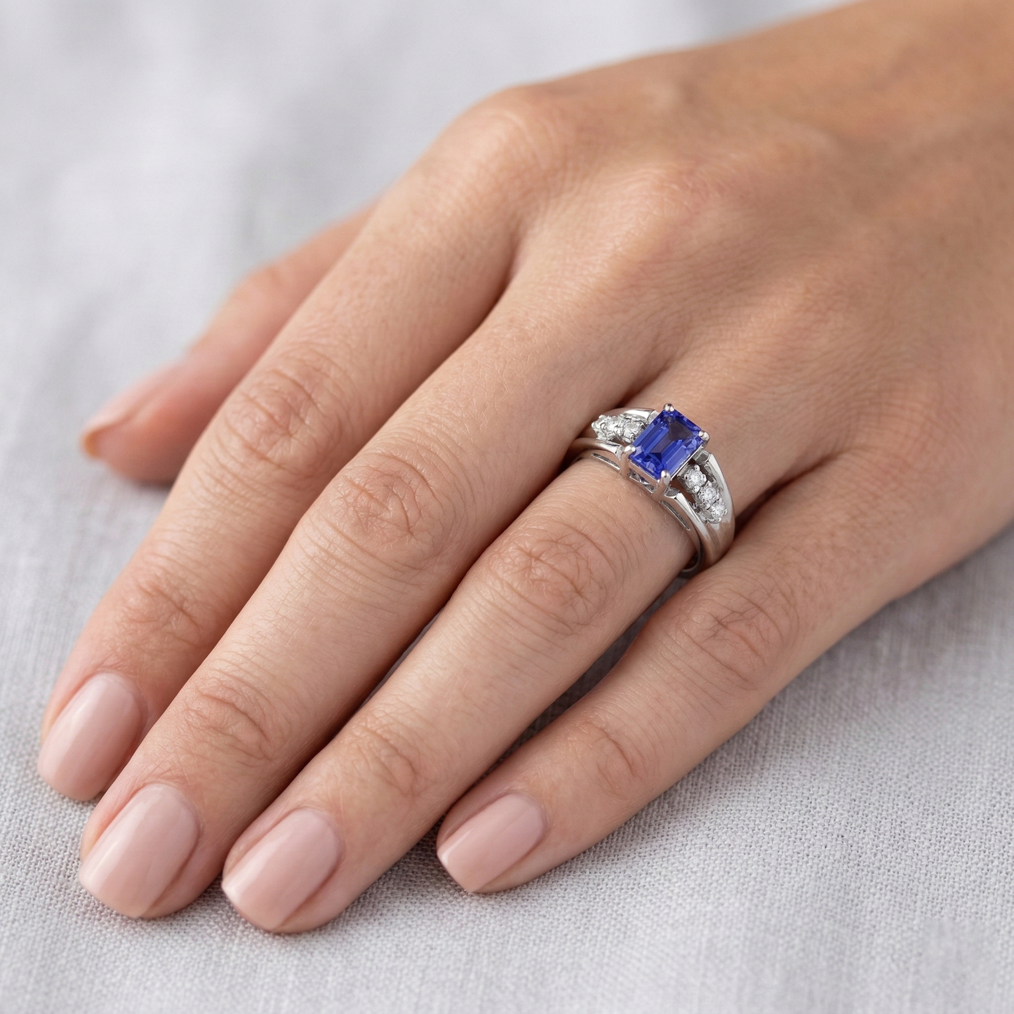 Emerald Cut Ceylon Sapphire With Round Natural Earth Mined DIAMOND ( NOT LAB GROWN )s 1.30 Ct Ring