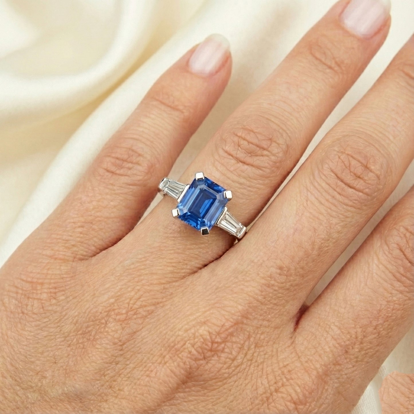 Emerald Cut Sapphire Gem Ring With Baguette Natural Earth Mined Diamonds