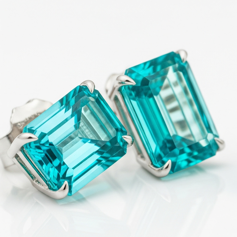 Neon Paraiba Emerald Cut Gemstone Ring in 14 Karat White Gold – side view