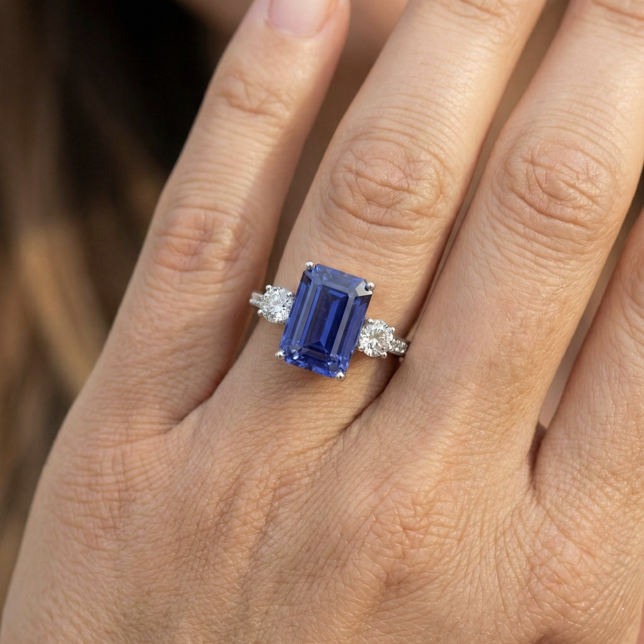 Emerald Sapphire 3 Stone Wedding Ring 5 Carats Round Natural Earth Mined Diamonds Jewellery