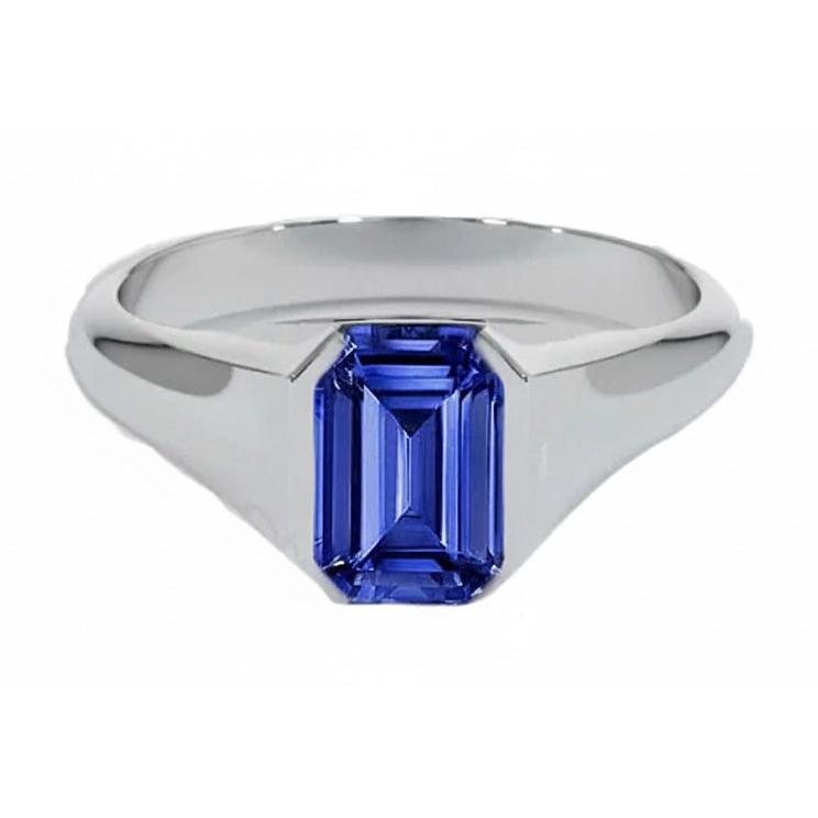 IGI CERTIFIED Emerald Cut Solitaire Blue Sapphire Gents Ring White Gold 4 Carats New