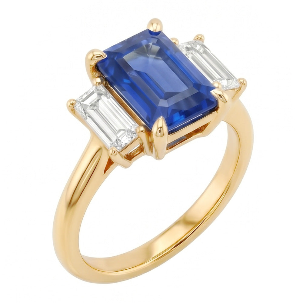 Engagement 3 Stone Blue Sapphire Emerald & Baguette Cut Ring 3 Carats