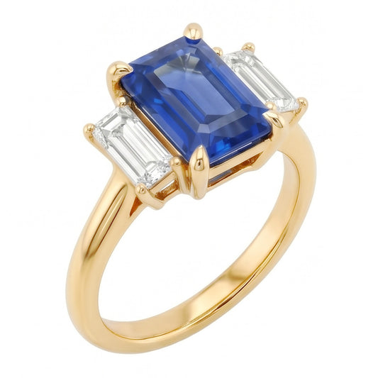 Engagement 3 Stone Blue Sapphire Emerald & Baguette Cut Ring 3 Carats