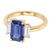 Engagement 3 Stone Blue Sapphire Emerald & Baguette Cut Ring 3 Carats