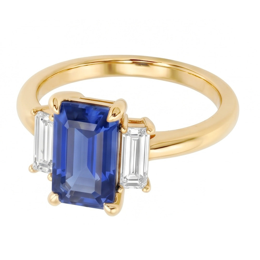 Engagement 3 Stone Blue Sapphire Emerald & Baguette Cut Ring 3 Carats