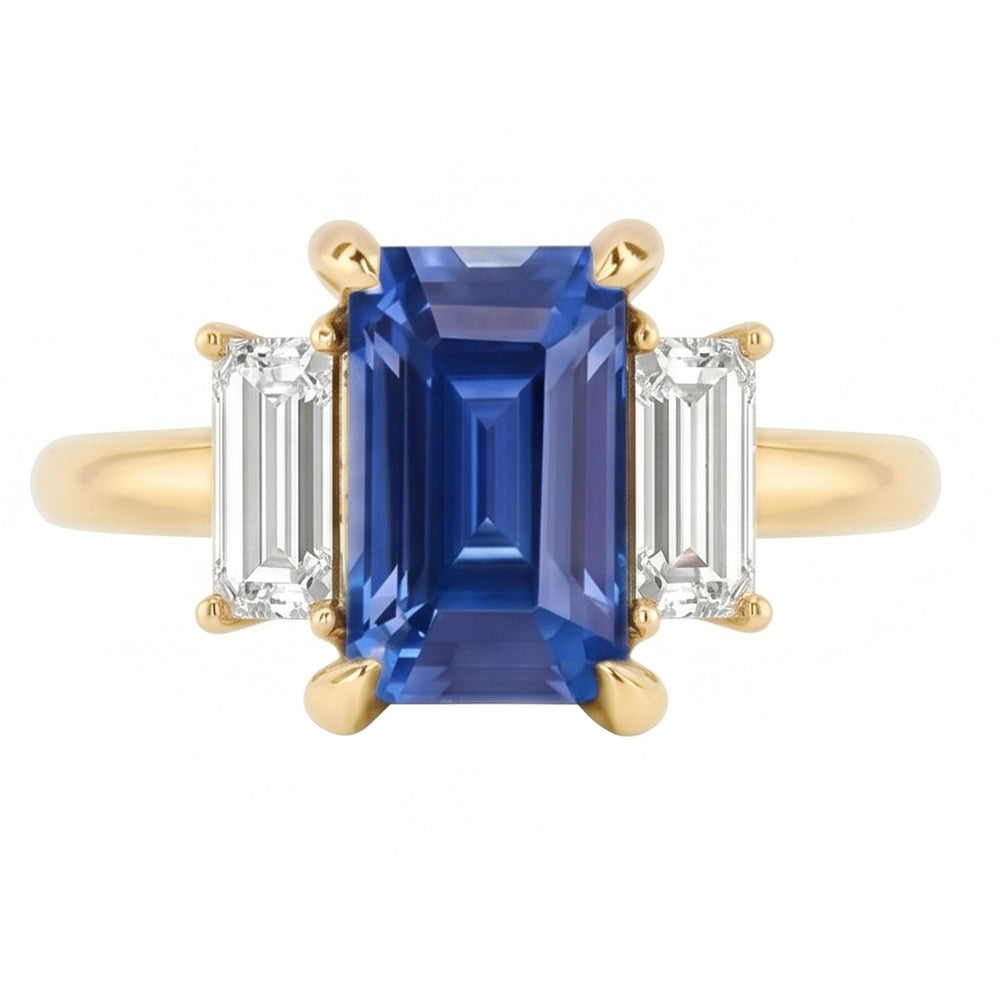 Engagement 3 Stone Blue Sapphire Emerald & Baguette Cut Ring 3 Carats