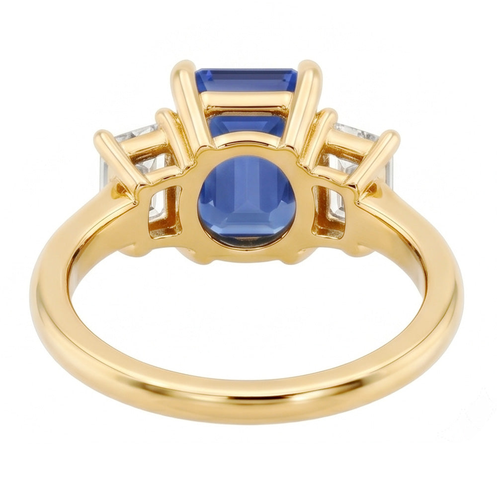 Engagement 3 Stone Blue Sapphire Emerald & Baguette Cut Ring 3 Carats