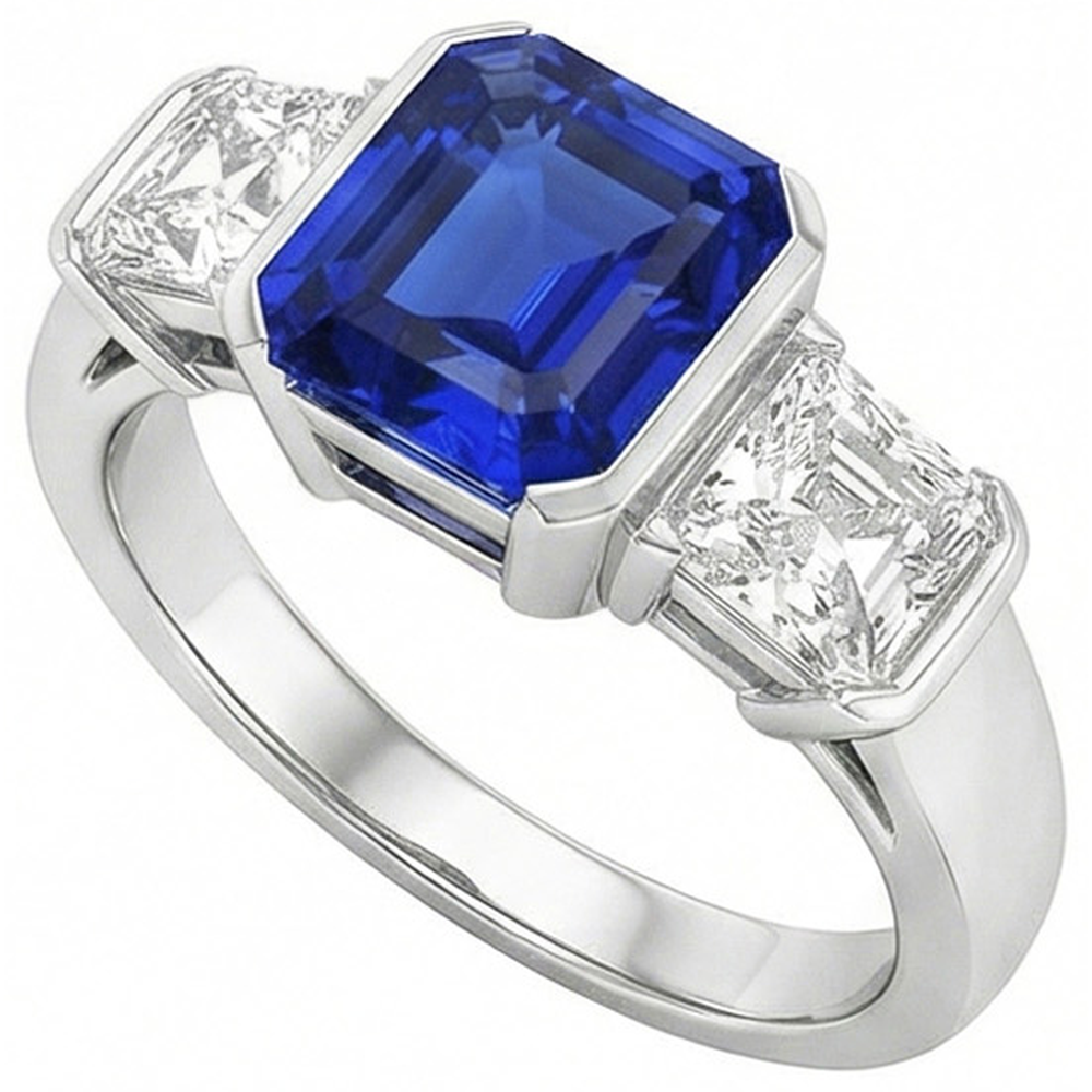 Engagement 3 Stone Natural Earth Mined Diamond Ring Asscher Sri Lankan Sapphire 2 Carats