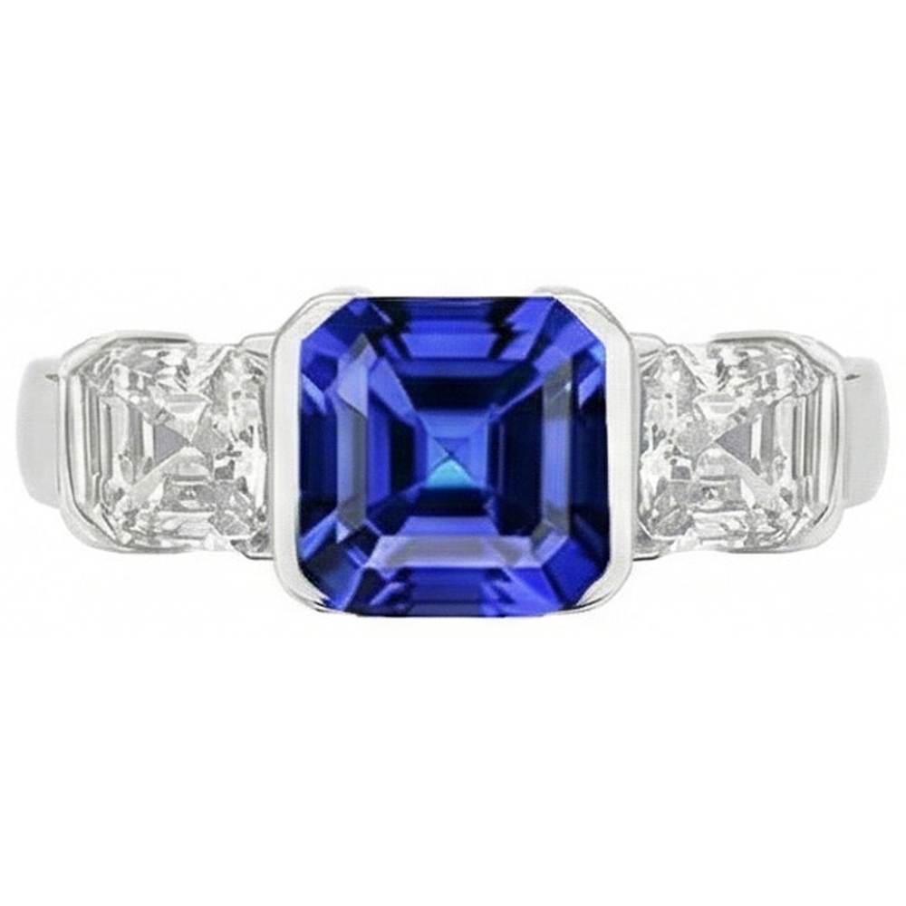Engagement 3 Stone Natural Earth Mined Diamond Ring Asscher Sri Lankan Sapphire 2 Carats