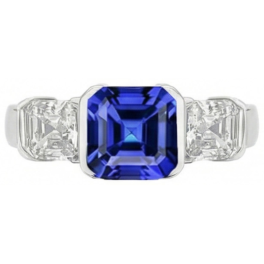 Engagement 3 Stone Natural Earth Mined Diamond Ring Asscher Sri Lankan Sapphire 2 Carats