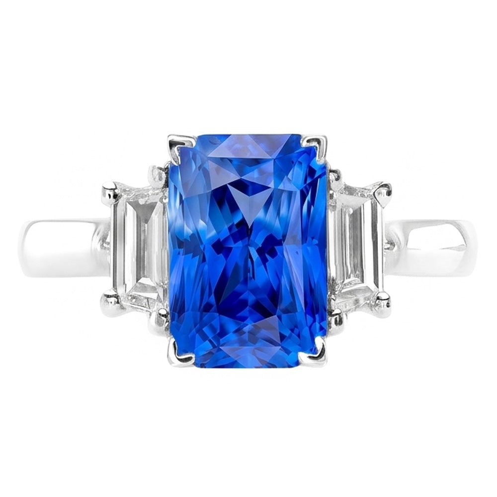 Engagement 3 Stone Radiant Sapphire Ring 3 Carats Emerald Natural Earth Mined Diamonds