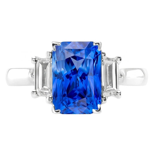 Engagement 3 Stone Radiant Sapphire Ring 3 Carats Emerald Natural Earth Mined Diamonds