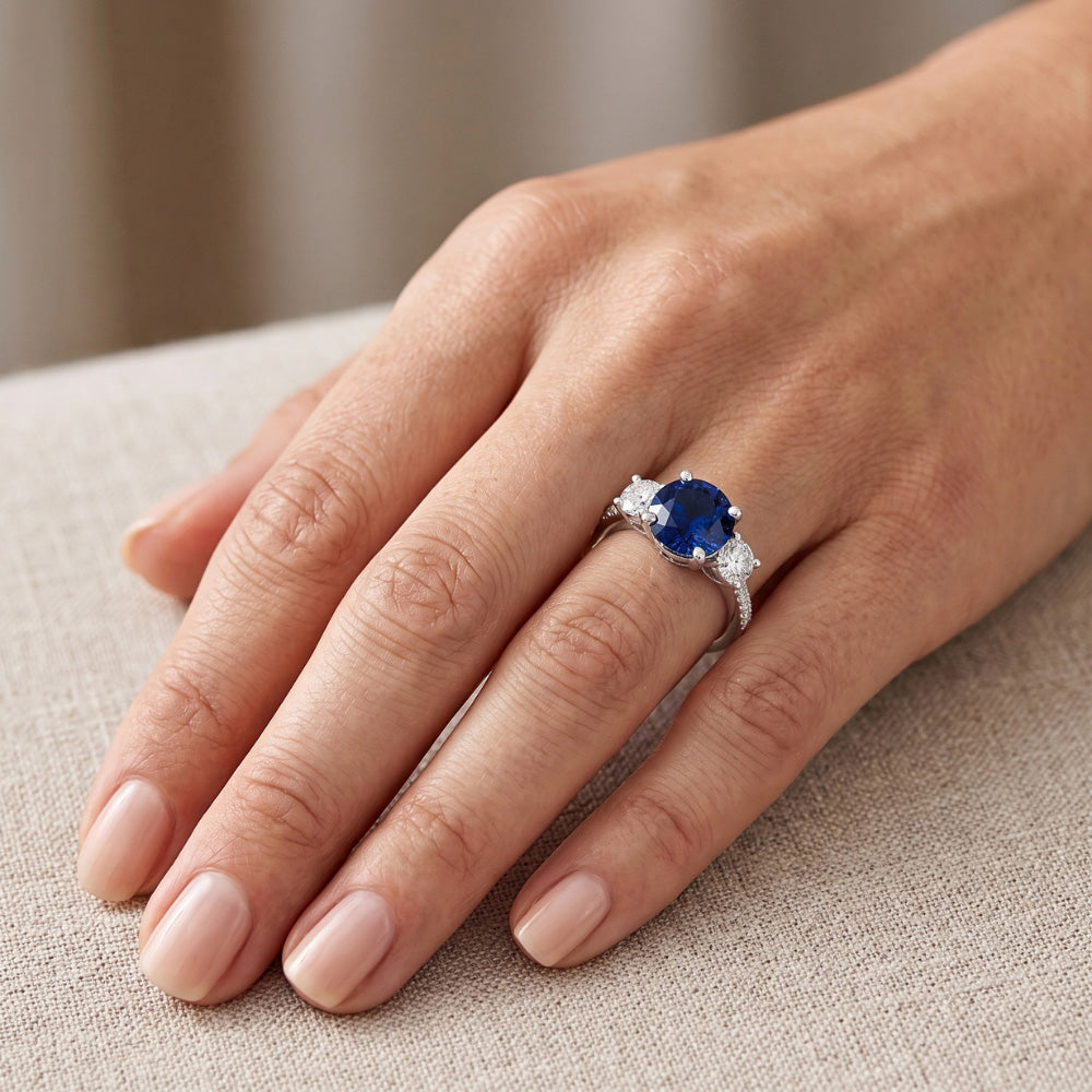 Engagement 3 Stone Style Natural Earth Mined Diamond Ring Round Sapphire 4.50 Carats