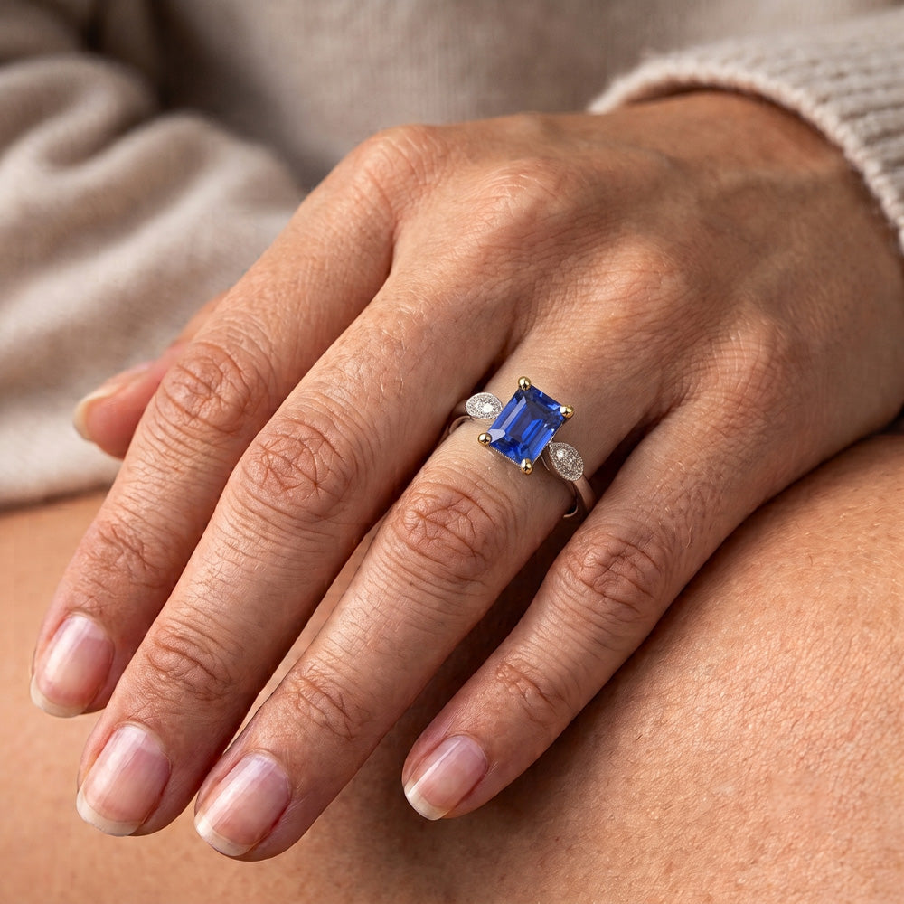 Engagement 5 Stone Emerald Blue Sapphire Ring Natural Earth Mined Diamonds 2.25 Carats
