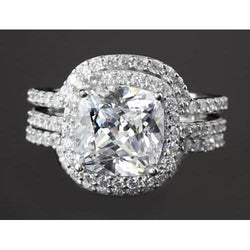 Engagement Anniversary Ring Set 5 Carats Real Diamond Cushion Cut White Gold 14K
