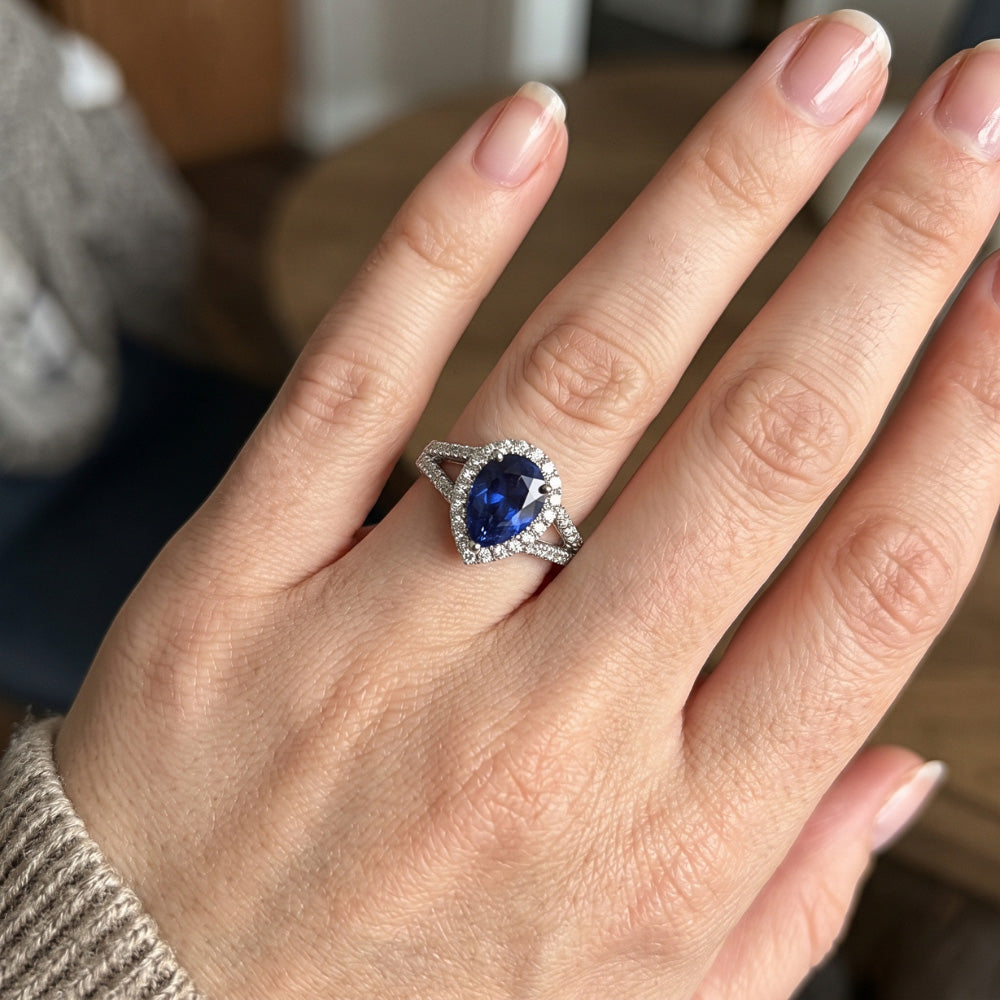 Engagement Halo Blue Sapphire Ring Split Shank Natural Earth Mined Diamonds 3.50 Carats