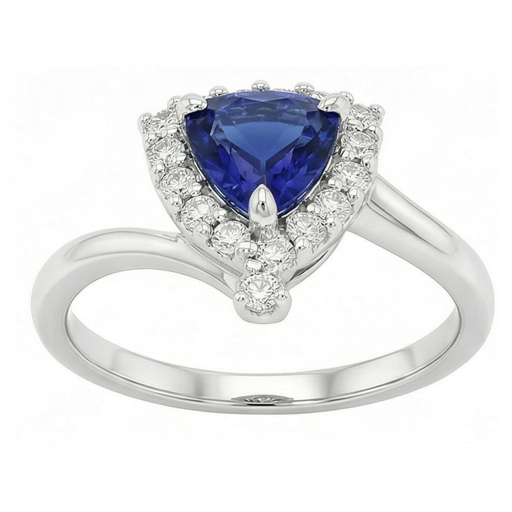 Engagement Halo Natural Earth Mined Diamond Ring Trillion Deep Blue Sapphire 2 Carats