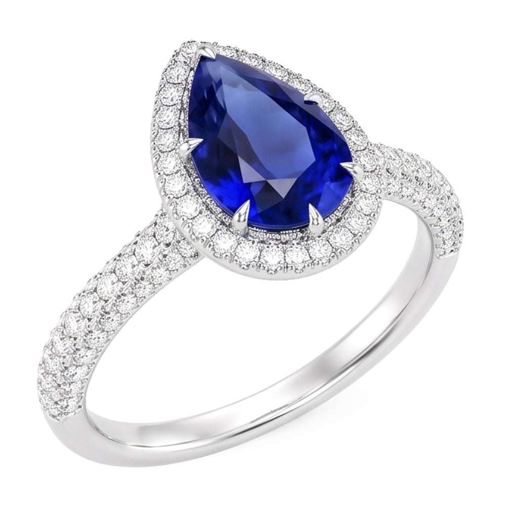 Engagement Halo Ring Pear Blue Sapphire & Natural Earth Mined Diamonds 5.50 Carats