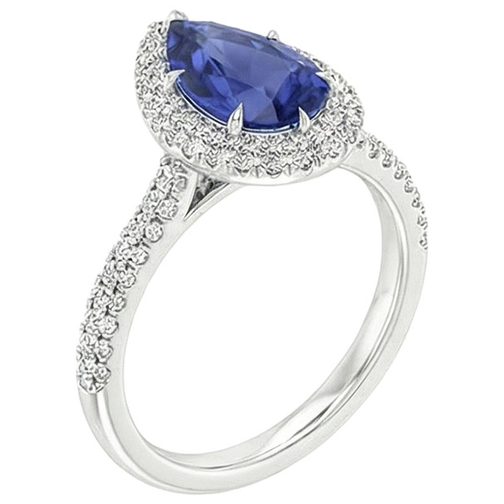 Engagement Halo Ring Pear Blue Sapphire & Natural Earth Mined Diamonds 5.50 Carats